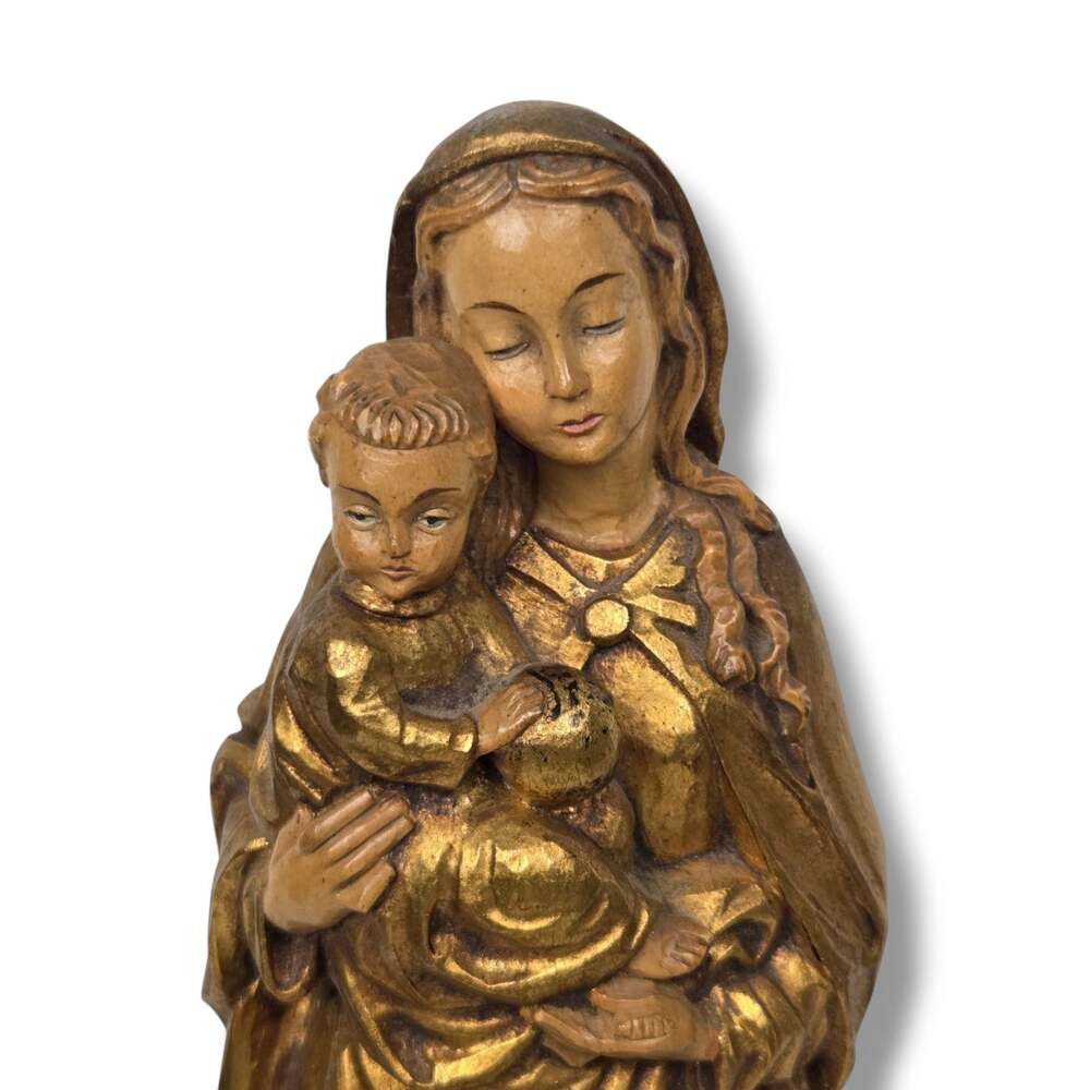 Vintage Hand Carved Wood Mother Mary Baby Jesus Statue 13" Gold Made in Italy